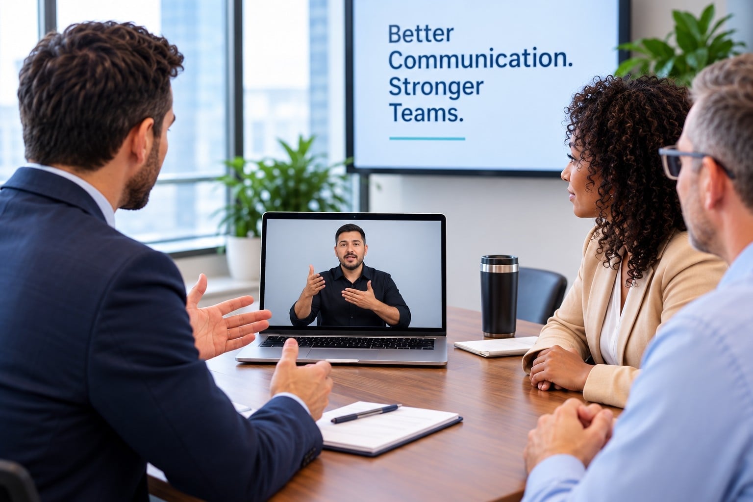 A business team meets around a conference table with an ASL Interpreter joining by video on a laptop.