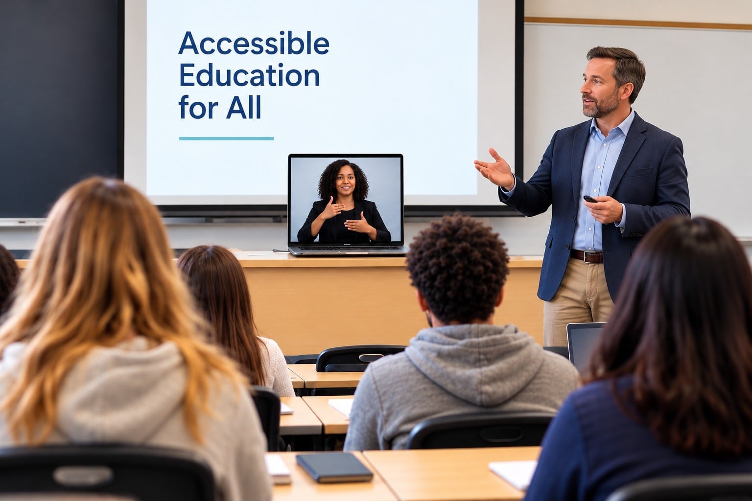 A college instructor teaches a class while an ASL Interpreter signs on a laptop video call at the front of the room.